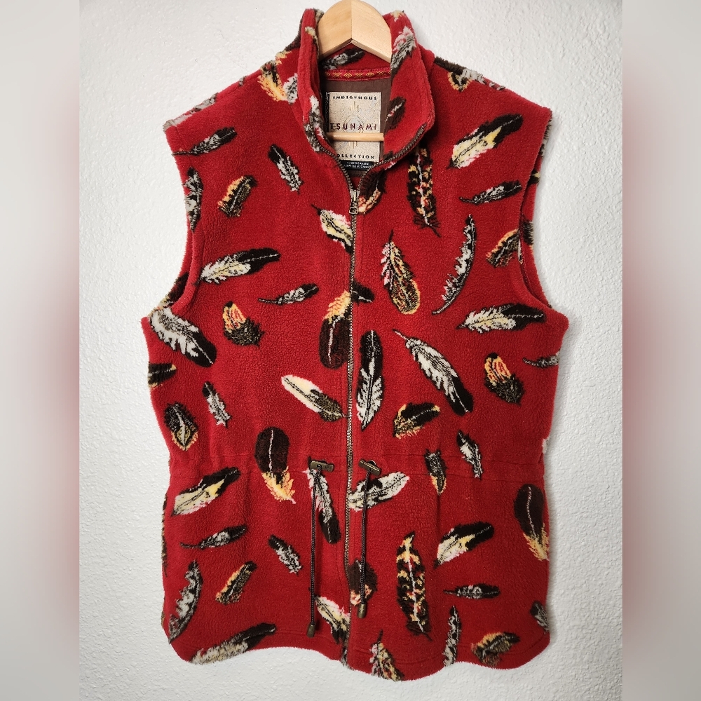 Indigenous Tsunami Collection Fleece Vest in Red With Feather Parttern.